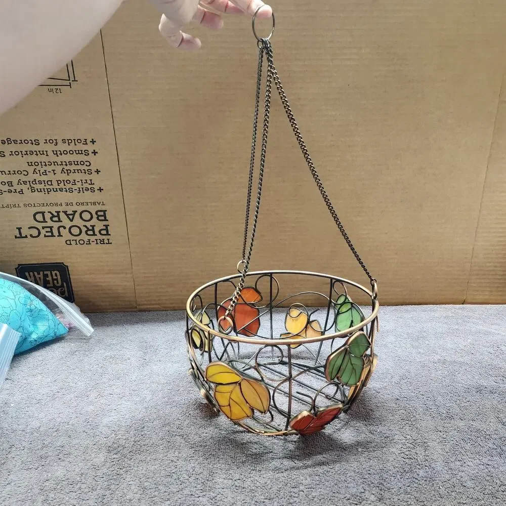Hanging fruit basket metal with colorful leaves V